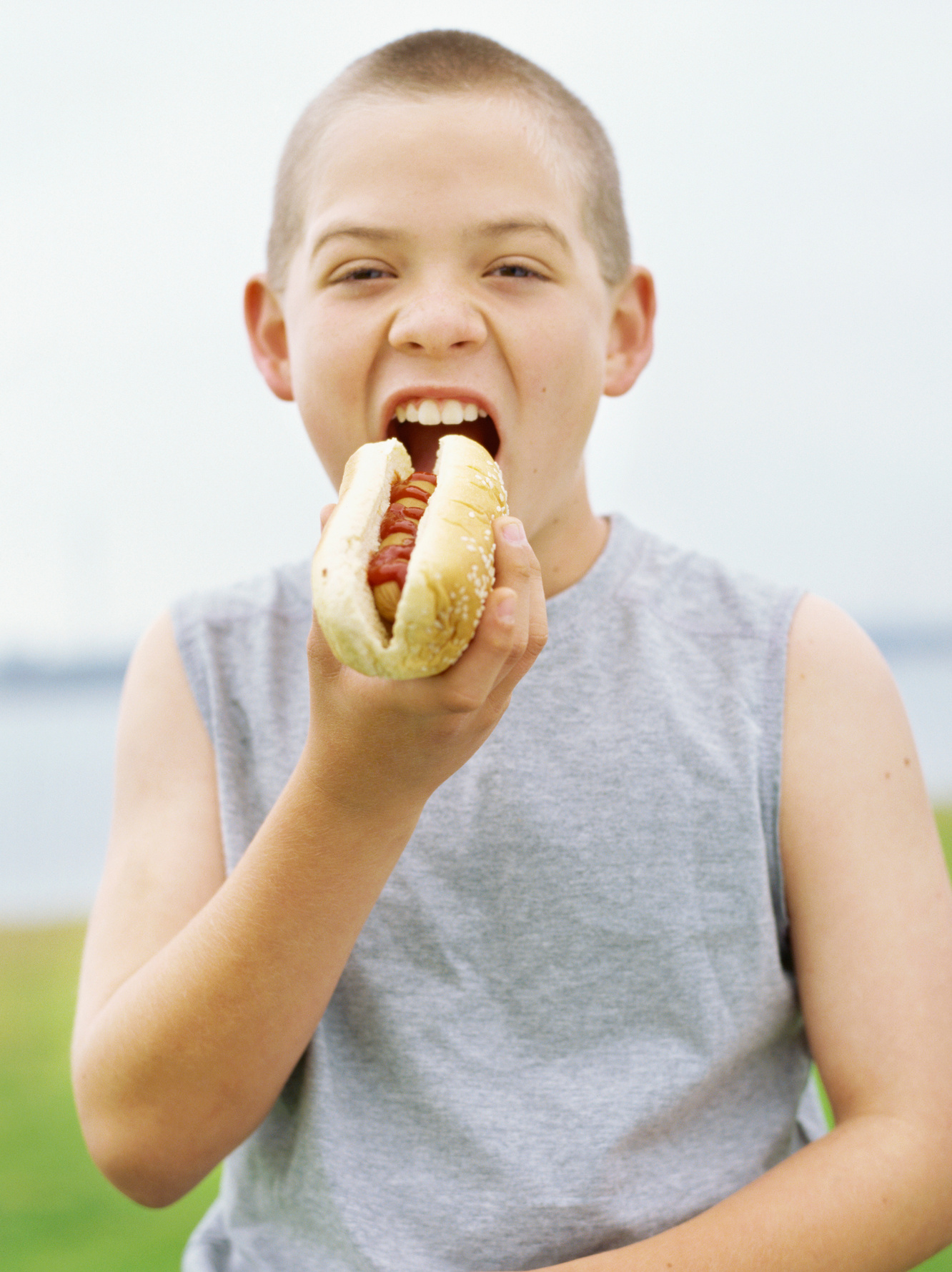portrait of a boy eating a hot dog