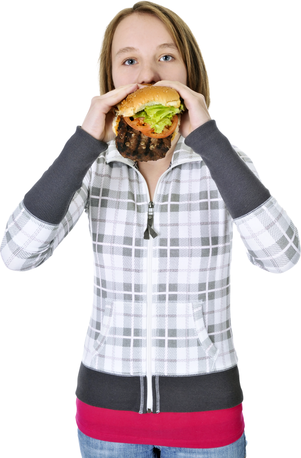 Teenage Girl Eating Big Hamburger