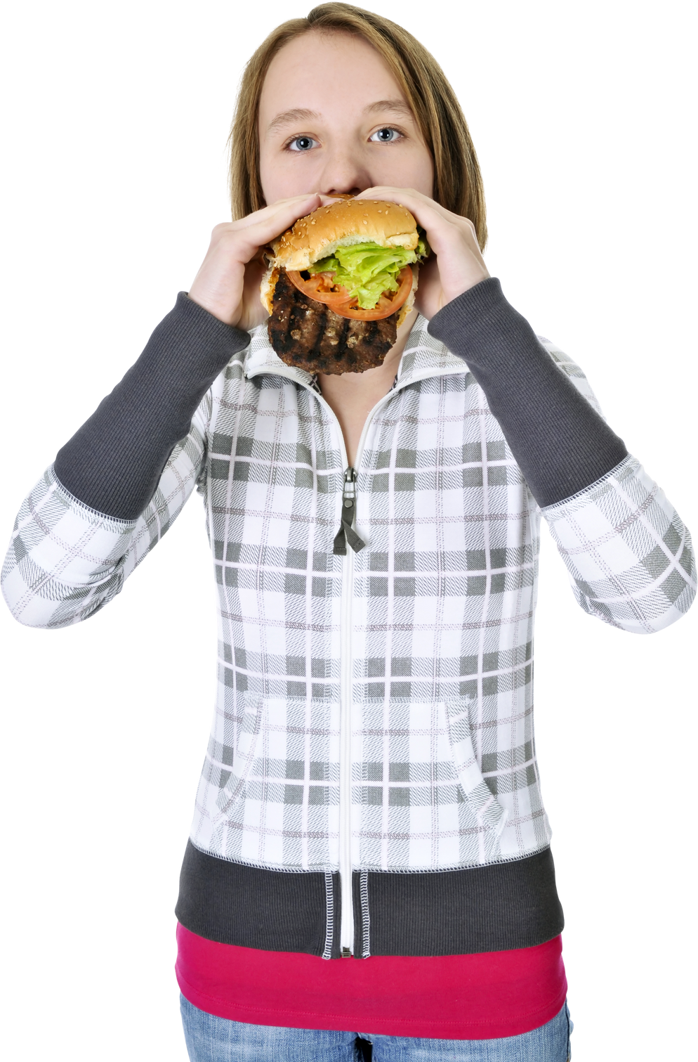 Teenage Girl Eating Big Hamburger